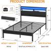 Furnulem Twin Bed Frames with Charging Station and LED Lights, Wood Headboard with 2 Fabric Drawers and Storage Shelves, Twin Size Platform Bed with Metal Slats, No Box Spring Needed, Black Oak(Queen)