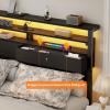 Furnulem Twin Bed Frames with Charging Station and LED Lights, Wood Headboard with 2 Fabric Drawers and Storage Shelves, Twin Size Platform Bed with Metal Slats, No Box Spring Needed, Black Oak(Full)