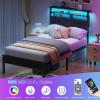 Furnulem Twin Bed Frames with Charging Station and LED Lights, Wood Headboard with 2 Fabric Drawers and Storage Shelves, Twin Size Platform Bed with Metal Slats, No Box Spring Needed, Black Oak(Twin)