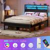 Furnulem Twin Bed Frames with Charging Station and LED Lights, Wood Headboard with 2 Fabric Drawers and Storage Shelves, Twin Size Platform Bed with Metal Slats, No Box Spring Needed, Black Oak(Full)