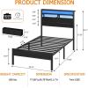 Furnulem Twin Bed Frames with Charging Station and LED Lights, Wood Headboard with 2 Fabric Drawers and Storage Shelves, Twin Size Platform Bed with Metal Slats, No Box Spring Needed, Black Oak(Twin)