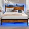 Furnulem Full Bed Frame with LED Lights,Industrial Storage Headboard with Charging Station,USB Port,Under Bed Storage,Wood Platform with Strong Metal Support,No Box Spring Needed, Silent(Full)