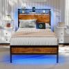 Furnulem Full Bed Frame with LED Lights,Industrial Storage Headboard with Charging Station,USB Port,Under Bed Storage,Wood Platform with Strong Metal Support,No Box Spring Needed, Silent(Twin)