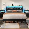 Furnulem Twin Bed Frames with Charging Station and LED Lights, Wood Headboard with 2 Fabric Drawers and Storage Shelves, Twin Size Platform Bed with Metal Slats, No Box Spring Needed, Black Oak(Queen)
