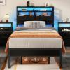 Furnulem Twin Bed Frames with Charging Station and LED Lights, Wood Headboard with 2 Fabric Drawers and Storage Shelves, Twin Size Platform Bed with Metal Slats, No Box Spring Needed, Black Oak(Twin)