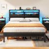 Furnulem Twin Bed Frames with Charging Station and LED Lights, Wood Headboard with 2 Fabric Drawers and Storage Shelves, Twin Size Platform Bed with Metal Slats, No Box Spring Needed, Black Oak(Full)