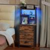 Furnulem Nightstands Set of 2, Tall Night Stand with Charger Station and USB Ports, 3 Fabric Drawers and Led Lights, Bed Side Table for Bedroom/Dorm/Office, Black Oak(Rustic Brown)