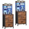 Furnulem Nightstands Set of 2, Tall Night Stand with Charger Station and USB Ports, 3 Fabric Drawers and Led Lights, Bed Side Table for Bedroom/Dorm/Office, Black Oak(Rustic Brown)