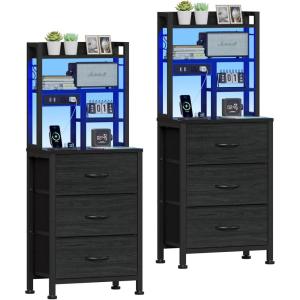Furnulem Nightstands Set of 2, Tall Night Stand with Charger Station and USB Ports, 3 Fabric Drawers and Led Lights, Bed Side Table for Bedroom/Dorm/Office, Black Oak(Black Oak)