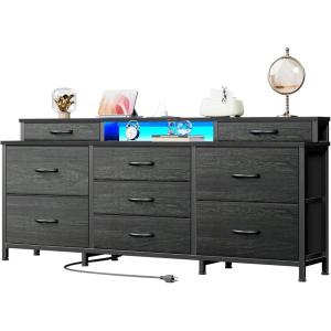 Furnulem Dresser, Black Dresser for Bedroom with 9 Storage Organizer Drawers and Open Shelf, 55″ Entertainment Center with LED Lights and Charging Station, Chest of Drawers for Living Room Bedroom(11.8″D x 55.1″W x 26.2″H (9 Drawers))