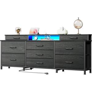 Furnulem Dresser, Black Dresser for Bedroom with 9 Storage Organizer Drawers and Open Shelf, 55″ Entertainment Center with LED Lights and Charging Station, Chest of Drawers for Living Room Bedroom(11.8″D x 63″W x 26.2″H (9 Drawers))