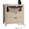 Furnulem Nightstand with Charging Station, Accent Night Stand with 2 Drawers and Storage Shelf, Slide Drawer Bedside Table for Bedroom, Natural Oak Thick Wood and Sturdy(1)