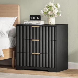 Furnulem Fluted 3-Drawer Night Stand, Black Modern Bedroom Side Table with Elegant Design – Compact Bedside Table for Small & Large Bedrooms(Black)