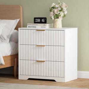 Furnulem Fluted 3-Drawer Night Stand, Black Modern Bedroom Side Table with Elegant Design – Compact Bedside Table for Small & Large Bedrooms(White)