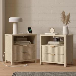 Furnulem Nightstand with Charging Station, Accent Night Stand with 2 Drawers and Storage Shelf, Slide Drawer Bedside Table for Bedroom, Natural Oak Thick Wood and Sturdy(2)
