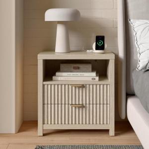 Furnulem Nightstand with Charging Station, Accent Night Stand with 2 Drawers and Storage Shelf, Slide Drawer Bedside Table for Bedroom, Natural Oak Thick Wood and Sturdy(1)