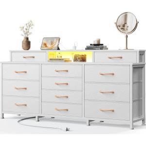 Furnulem Dresser for Bedroom with LED Lights, 55″ White Dresser with Charging Station, 12 Storage Organizer Drawers, Chest of Drawers for Bedroom, Living Room, Closet, Hallway, Wooden Top, Metal Frame(White)