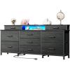 Furnulem Black Dresser, 63” Dresser for Bedroom with LED Light and Charging Station, 9 Fabric Drawers and Open Shelf, Chest of Drawers & TV Stand for Living Room,Bedroom,Hallway,Wood Top,Metal Frame(11.8″D x 55.1″W x 26.2″H (9 Drawers))
