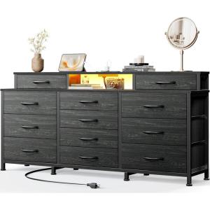 Furnulem Black Dresser, 55″ Dresser for Bedroom with LED Lights & Charging Station, 12 Fabric Drawers and Open Shelf, Chest of Drawers for Bedroom, Living Room, Closet, Wooden Top, Metal Frame(Black Oak)